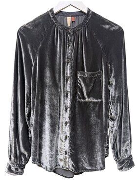 PILCRO Velvet Button Down Shirt Womens Small Gray Anthropologie Peasant Top